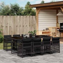 Ensemble &agrave; manger de jardin 9pcs coussins noir r&eacute;sine tress&eacute;e