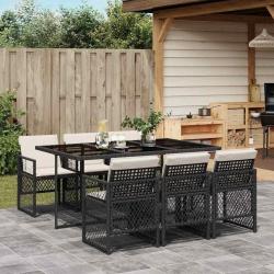 Ensemble &agrave; manger de jardin coussins 7 pcs noir r&eacute;sine tress&eacute;e