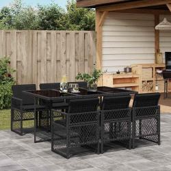 Ensemble &agrave; manger de jardin coussins 7 pcs noir r&eacute;sine tress&eacute;e