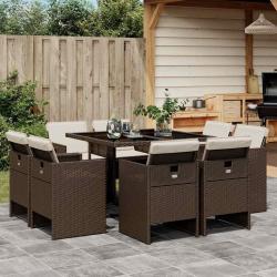 Ensemble &agrave; manger de jardin et coussins 9 pcs marron poly rotin