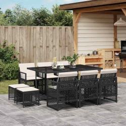Ensemble &agrave; manger de jardin 11 pcs coussins noir r&eacute;sine tress&eacute;e