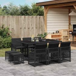 Ensemble &agrave; manger de jardin 11 pcs coussins noir r&eacute;sine tress&eacute;e