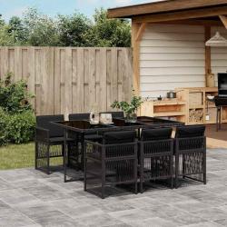 Ensemble &agrave; manger de jardin coussins 7pcs Noir R&eacute;sine tress&eacute;e