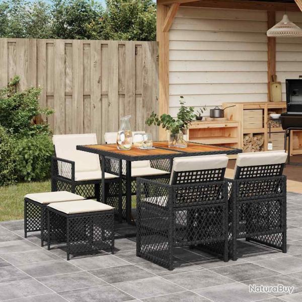 Ensemble � manger de jardin 9pcs coussins noir r�sine tress�e