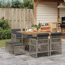 Ensemble &agrave; manger de jardin 9 pcs coussins gris r&eacute;sine tress&eacute;e