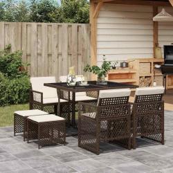 Ensemble &agrave; manger de jardin et coussins 9 pcs marron poly rotin