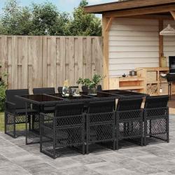 Ensemble &agrave; manger de jardin 9pcs coussins noir r&eacute;sine tress&eacute;e