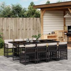Ensemble &agrave; manger de jardin 9pcs coussins noir r&eacute;sine tress&eacute;e