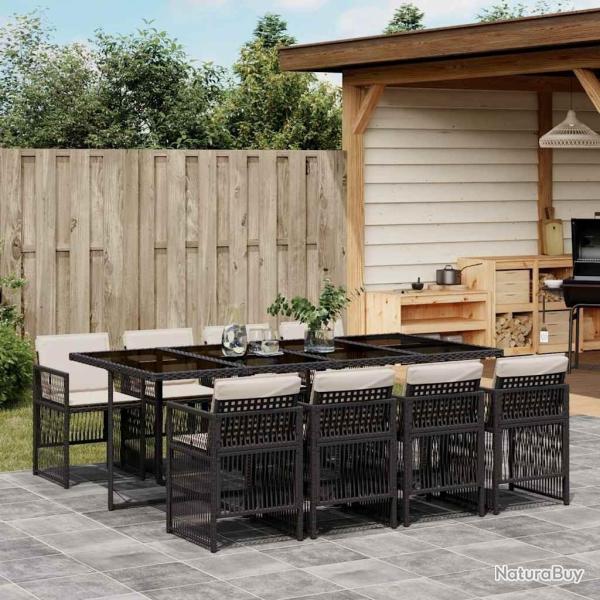 Ensemble � manger de jardin 9pcs coussins noir r�sine tress�e