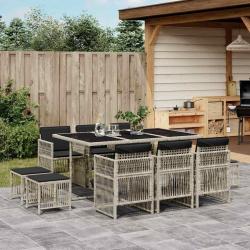 Ensemble &agrave; manger de jardin 11pcs avec coussins gris poly rotin