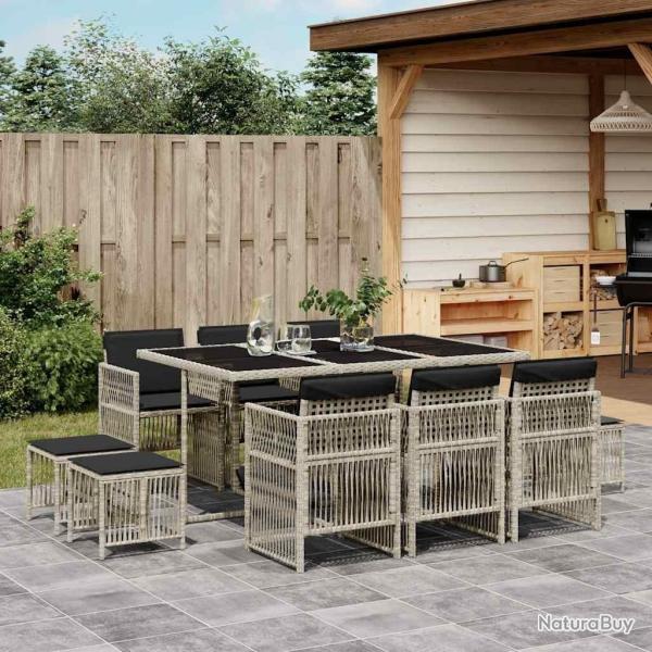 Ensemble � manger de jardin 11pcs avec coussins gris poly rotin