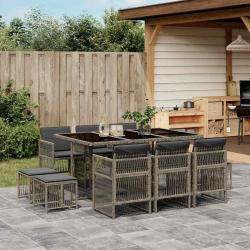 Ensemble &agrave; manger de jardin 11pcs avec coussins gris poly rotin