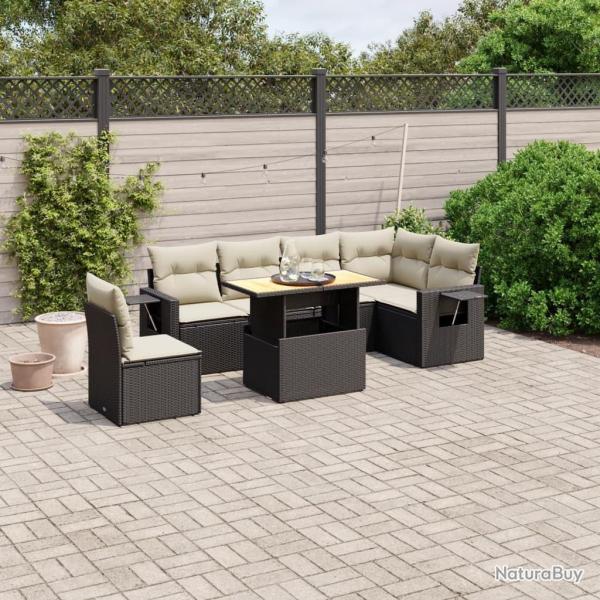 Salon de jardin 7 pcs avec coussins noir r�sine tress�e