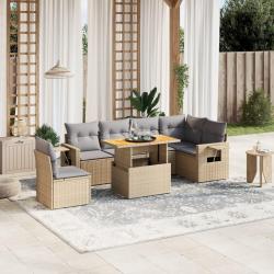 Salon de jardin avec coussins 7 pcs beige r&eacute;sine tress&eacute;e