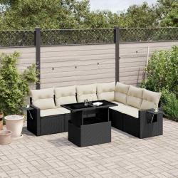 Salon de jardin 7 pcs avec coussins noir r&eacute;sine tress&eacute;e
