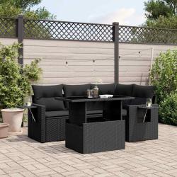 Salon de jardin 5 pcs avec coussins noir r&eacute;sine tress&eacute;e