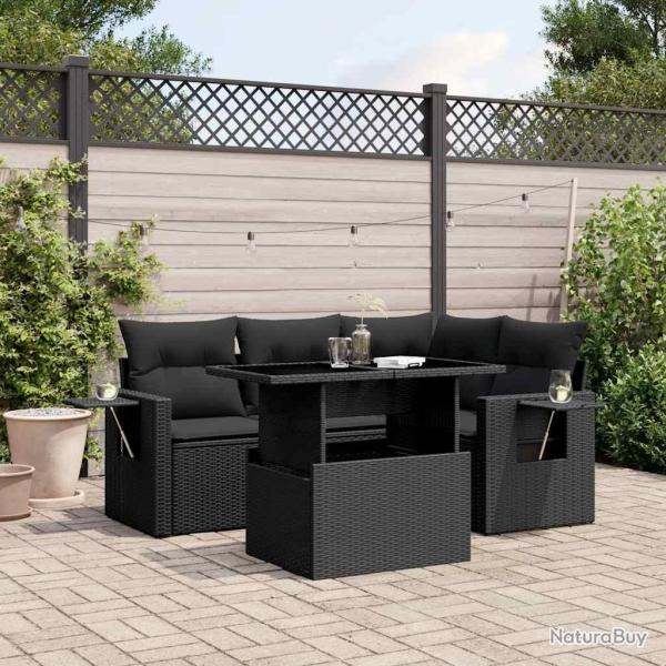 Salon de jardin 5 pcs avec coussins noir r�sine tress�e