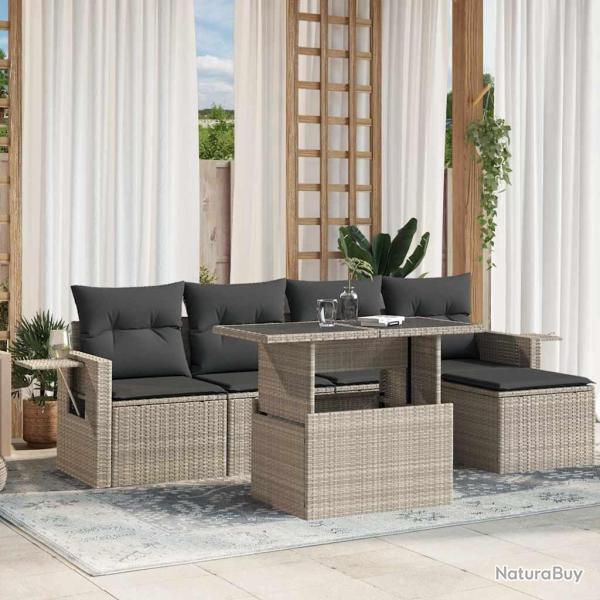 Salon de jardin 6 pcs avec coussins gris clair r�sine tress�e