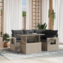 Salon de jardin 5 pcs avec coussins gris clair r&eacute;sine tress&eacute;e
