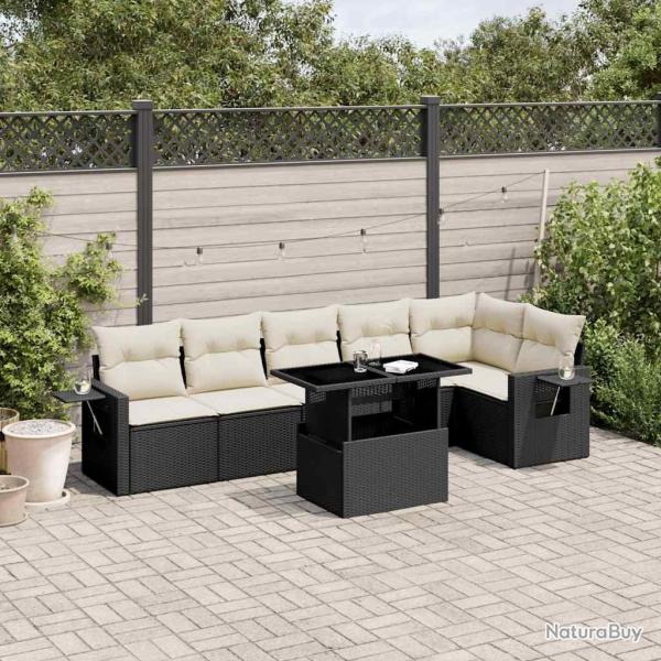 Salon de jardin 7 pcs avec coussins noir r�sine tress�e