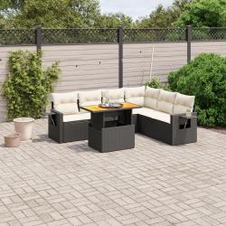 Salon de jardin 7 pcs avec coussins noir r&eacute;sine tress&eacute;e