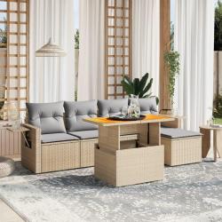 Salon de jardin avec coussins 6 pcs beige r&eacute;sine tress&eacute;e