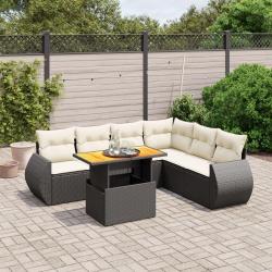 Salon de jardin 7 pcs avec coussins noir r&eacute;sine tress&eacute;e