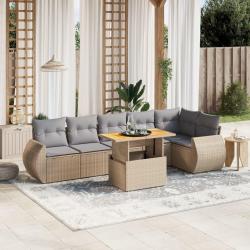 Salon de jardin avec coussins 7 pcs beige r&eacute;sine tress&eacute;e