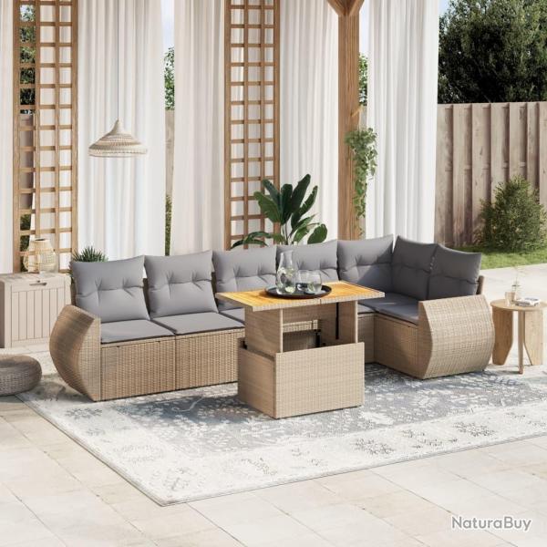 Salon de jardin avec coussins 7 pcs beige r�sine tress�e