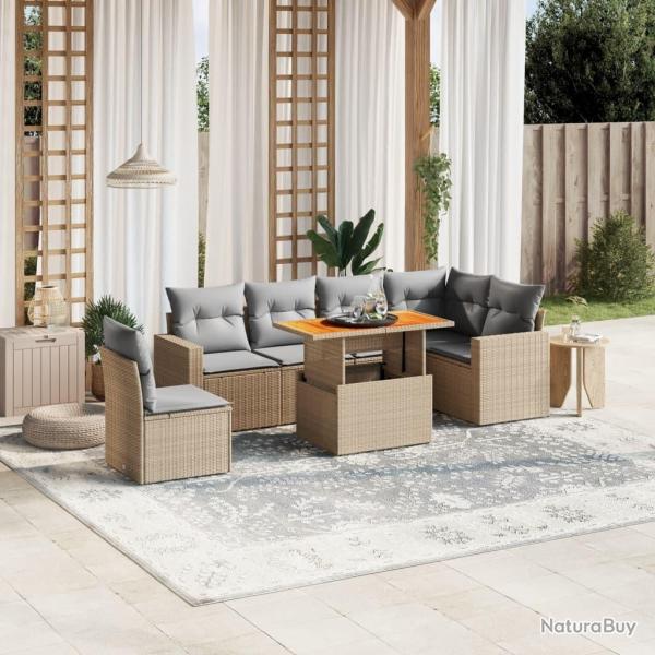 Salon de jardin avec coussins 7 pcs beige r�sine tress�e