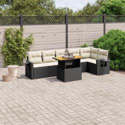 Salon de jardin 7 pcs avec coussins noir r&eacute;sine tress&eacute;e
