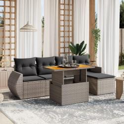 Salon de jardin 6 pcs avec coussins gris r&eacute;sine tress&eacute;e