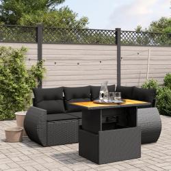 Salon de jardin 5 pcs avec coussins noir r&eacute;sine tress&eacute;e