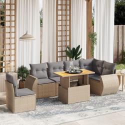 Salon de jardin avec coussins 7 pcs beige r&eacute;sine tress&eacute;e