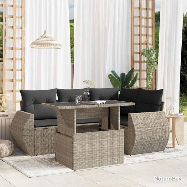 Salon de jardin 5 pcs avec coussins gris clair r�sine tress�e