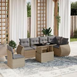 Salon de jardin avec coussins 7 pcs beige r&eacute;sine tress&eacute;e