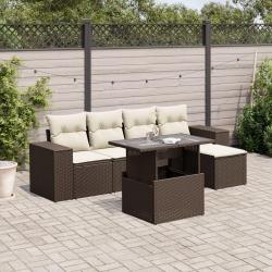 Salon de jardin avec coussins 6 pcs marron r&eacute;sine tress&eacute;e