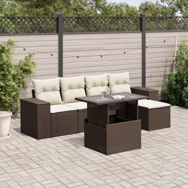 Salon de jardin avec coussins 6 pcs marron r�sine tress�e