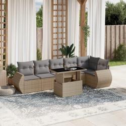 Salon de jardin avec coussins 7 pcs beige r&eacute;sine tress&eacute;e