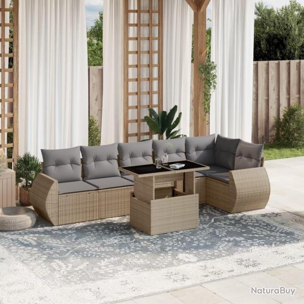 Salon de jardin avec coussins 7 pcs beige r�sine tress�e