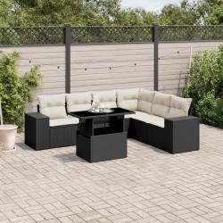 Salon de jardin 7 pcs avec coussins noir r&eacute;sine tress&eacute;e