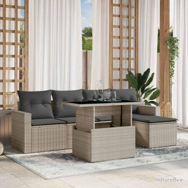 Salon de jardin 6 pcs avec coussins gris clair r�sine tress�e
