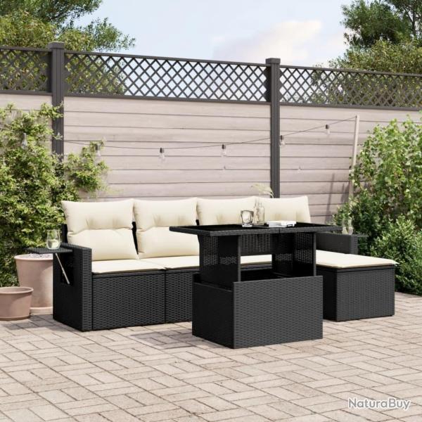 Salon de jardin 6 pcs avec coussins noir r�sine tress�e