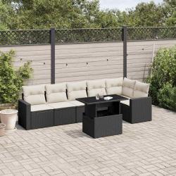 Salon de jardin 7 pcs avec coussins noir r&eacute;sine tress&eacute;e