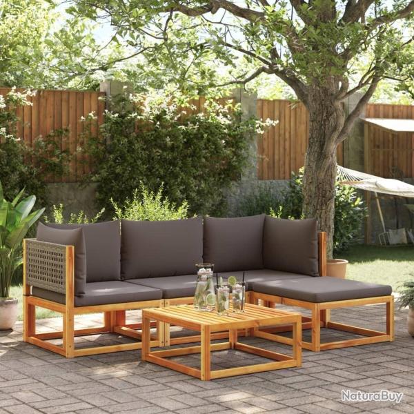 Ensemble de canap�s de jardin 5 pi�ces avec coussins en bois d'acacia et rotin