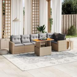 Salon de jardin avec coussins 7 pcs beige r&eacute;sine tress&eacute;e