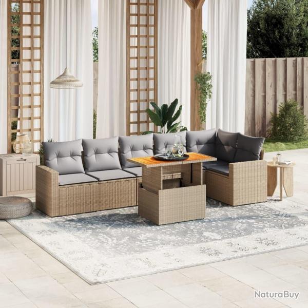 Salon de jardin avec coussins 7 pcs beige r�sine tress�e