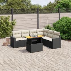 Salon de jardin 7 pcs avec coussins noir r&eacute;sine tress&eacute;e
