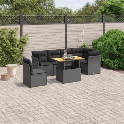 Salon de jardin 7 pcs avec coussins noir r&eacute;sine tress&eacute;e
