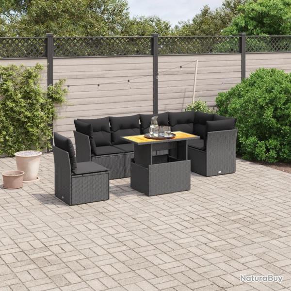 Salon de jardin 7 pcs avec coussins noir r�sine tress�e